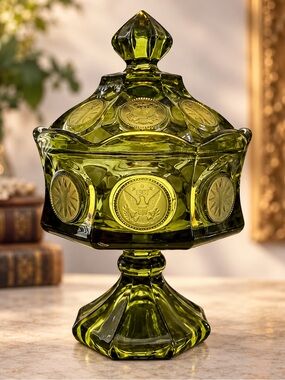 Vintage Fostoria Coin Glass Olive Green Covered Compote Styled Fairy Lamp